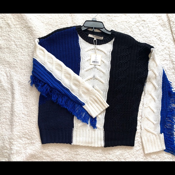New Free Generation Fringe Sweater Cable Knit Blue White Black Colorblock Size M - Picture 7 of 16